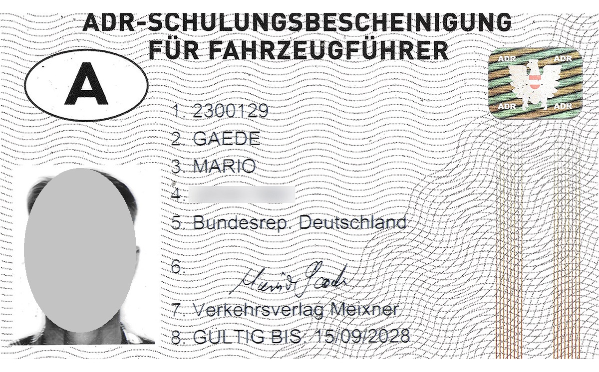 Fahrerkarte ADR-Schein Mario Gaede neu 1200