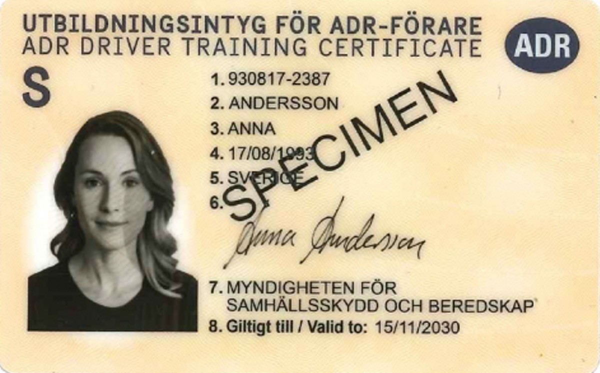 ADR-Schulungsbescheinigung Schweden