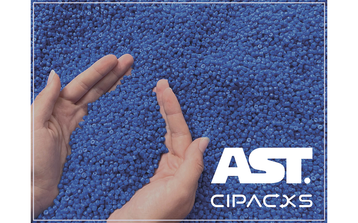 Rezyklat Granulat Kunststoff blau Kanister Hände AST 1200