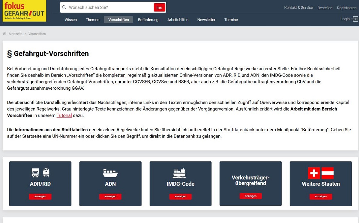Screenshot Gefahrgut-Vorschriften 1200