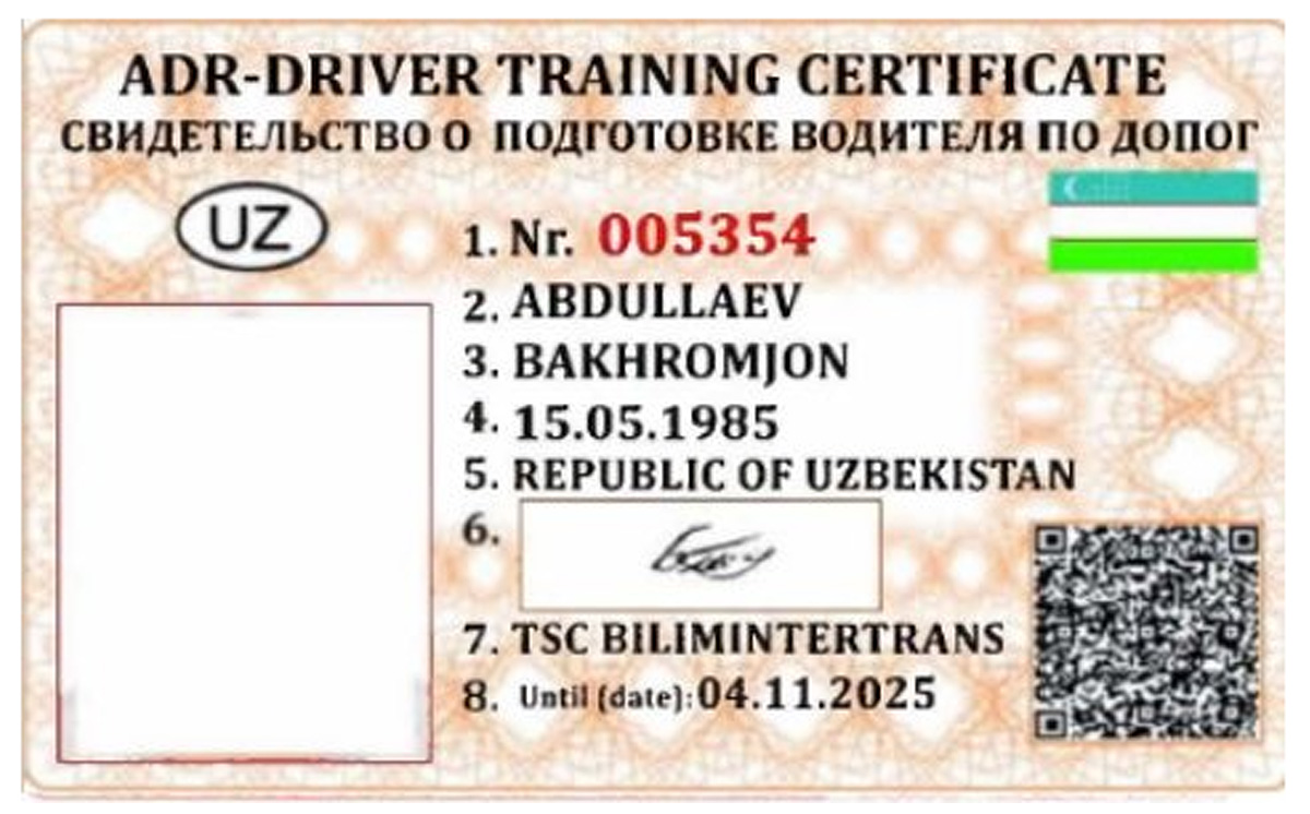 Muster ADR-Fahrerkarte Usbekistan